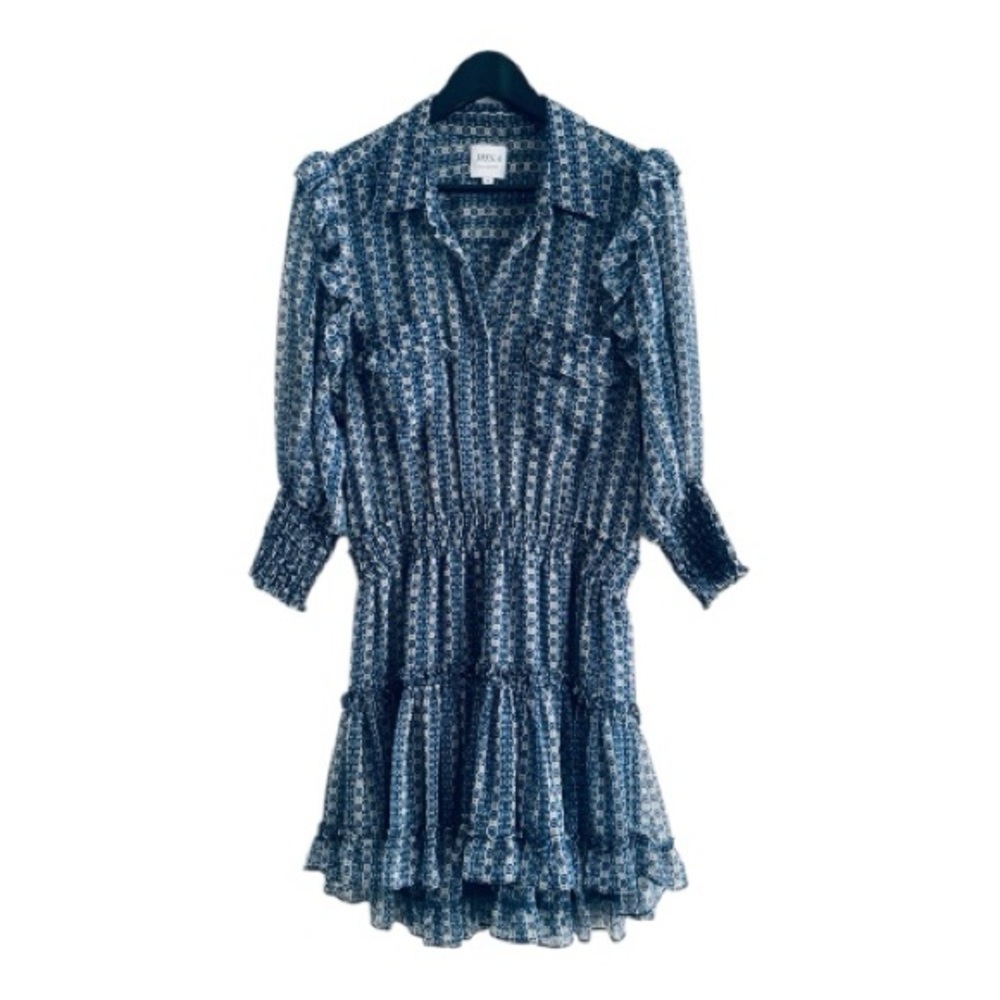 MISA Los Angeles Revolve Shopbop Lillian Dress Blue Geometric Boho Ruffle Mini M - Picture 4 of 12
